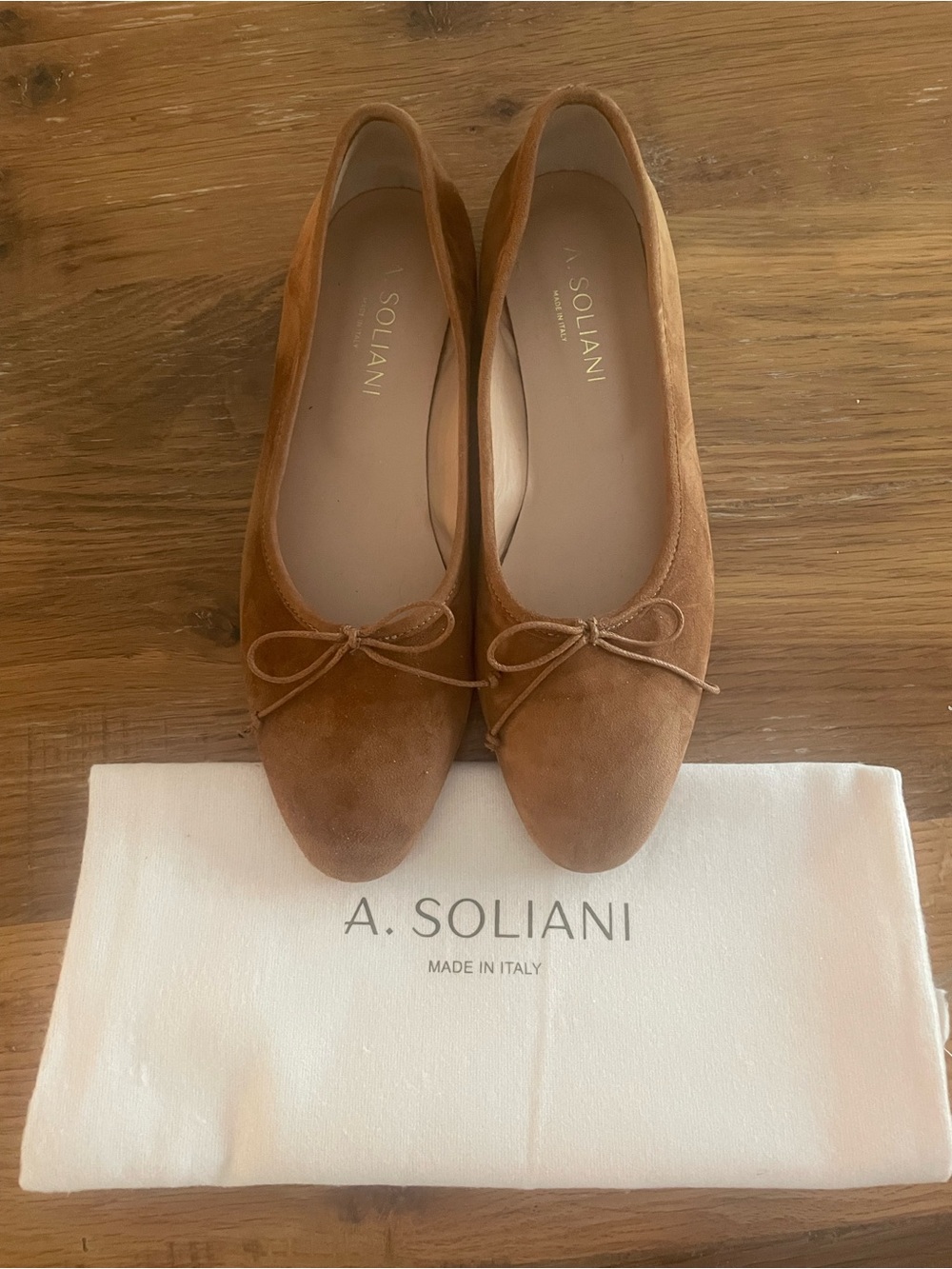 A. Soliani Amaretto Italian Suede Bow Ballet Flats